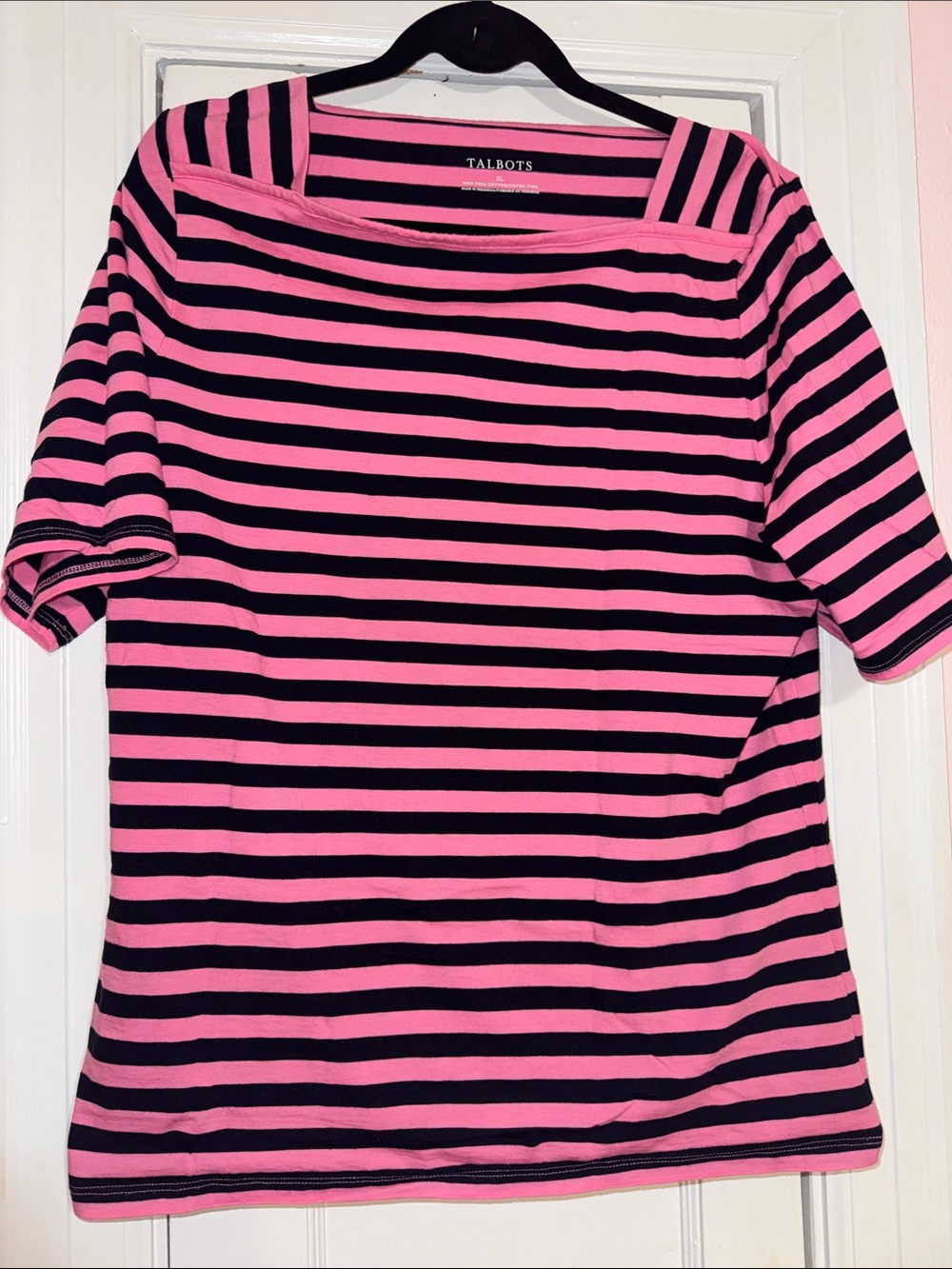 Talbots Pink & Navy Striped Boatneck Tee